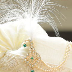 Ivory Embroidered Groom Turban with Pearl Chains