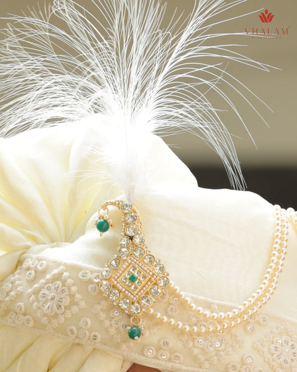 Ivory Embroidered Groom Turban with Pearl Chains