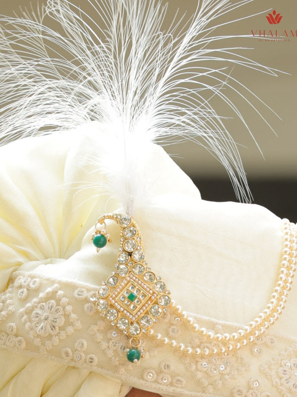 Ivory Embroidered Groom Turban with Pearl Chains