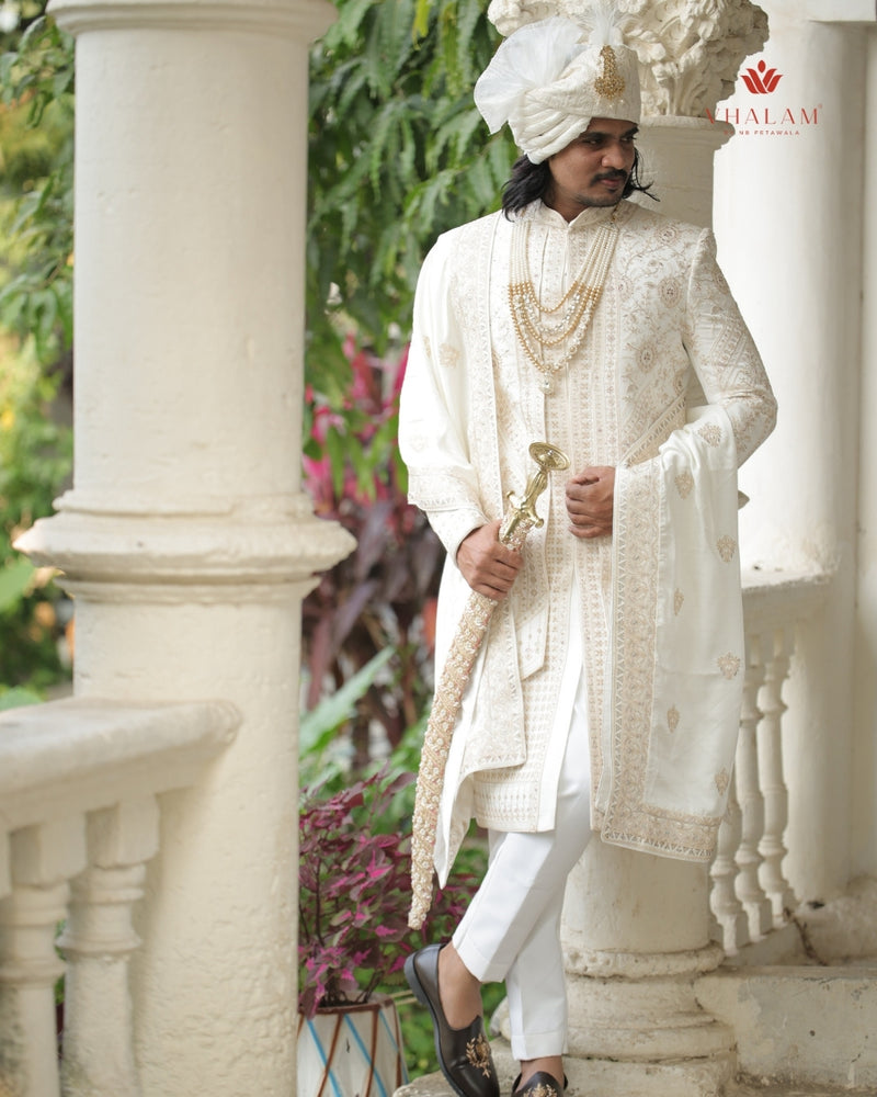 Royal Off-White Groom Shawl with Sequin and Thread Detailing