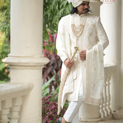 Royal Off-White Groom Shawl with Sequin and Thread Detailing