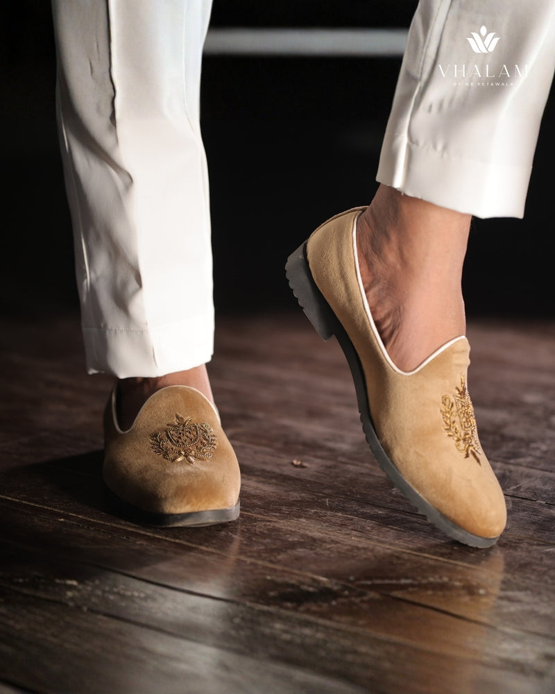 Camel Velvet Loafer with Exquisite Hand Embroidery