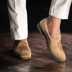 Camel Velvet Loafer with Exquisite Hand Embroidery