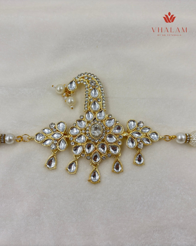 Royal Crystal Floral Turban Brooch With Pearl Strings