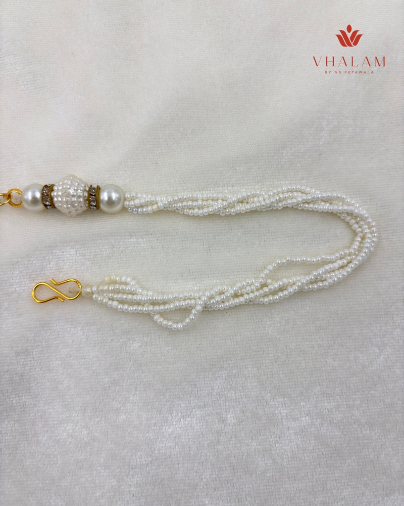 Royal White Polki Work Turban Brooch with Pearl Strings