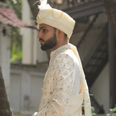 Ivory Embroidered Groom Turban with Pearl Chains