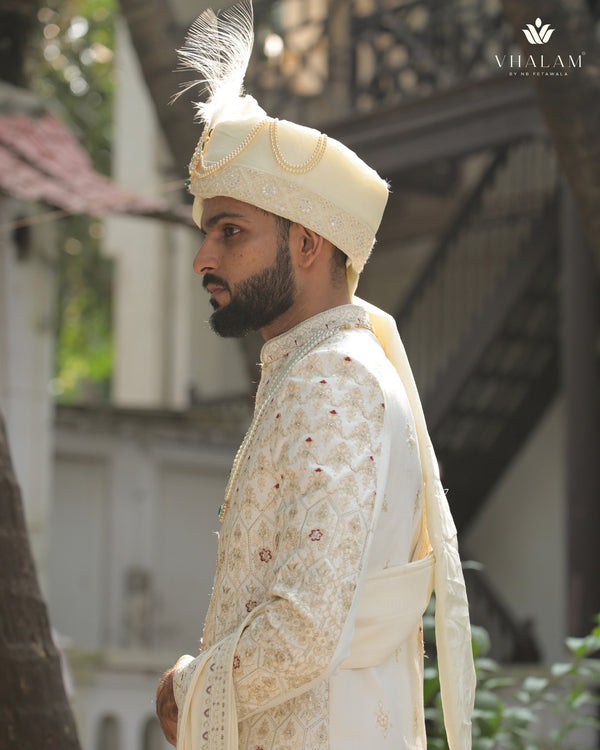 Ivory Embroidered Groom Turban with Pearl Chains