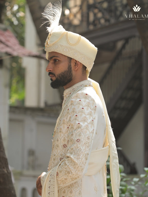 Ivory Embroidered Groom Turban with Pearl Chains