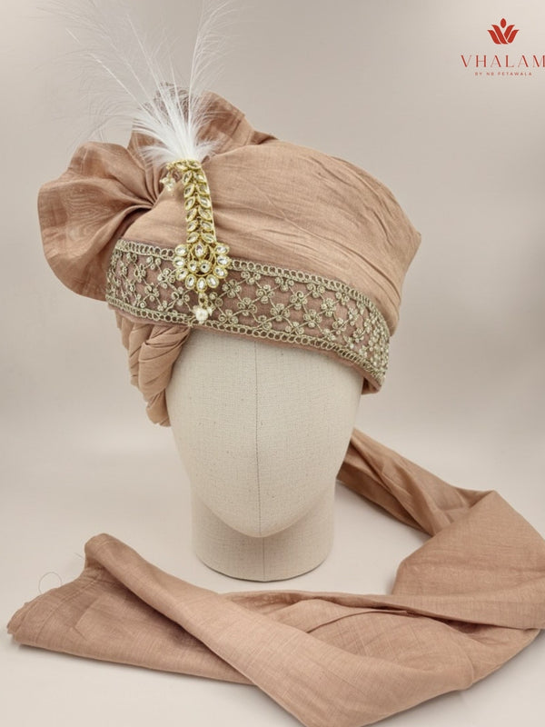 Blush Peach Groom Turban with Kundan Brooch