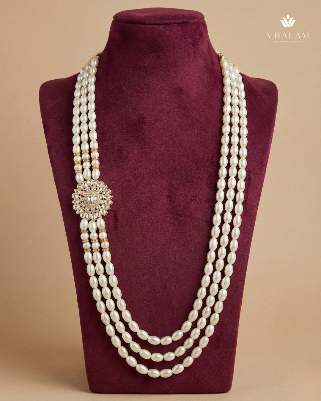 Dulha Triple-Strand Pearl Mala with Kundan Brooch – Vhalam