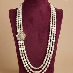 Dulha Triple-Strand Pearl Mala with Kundan Brooch