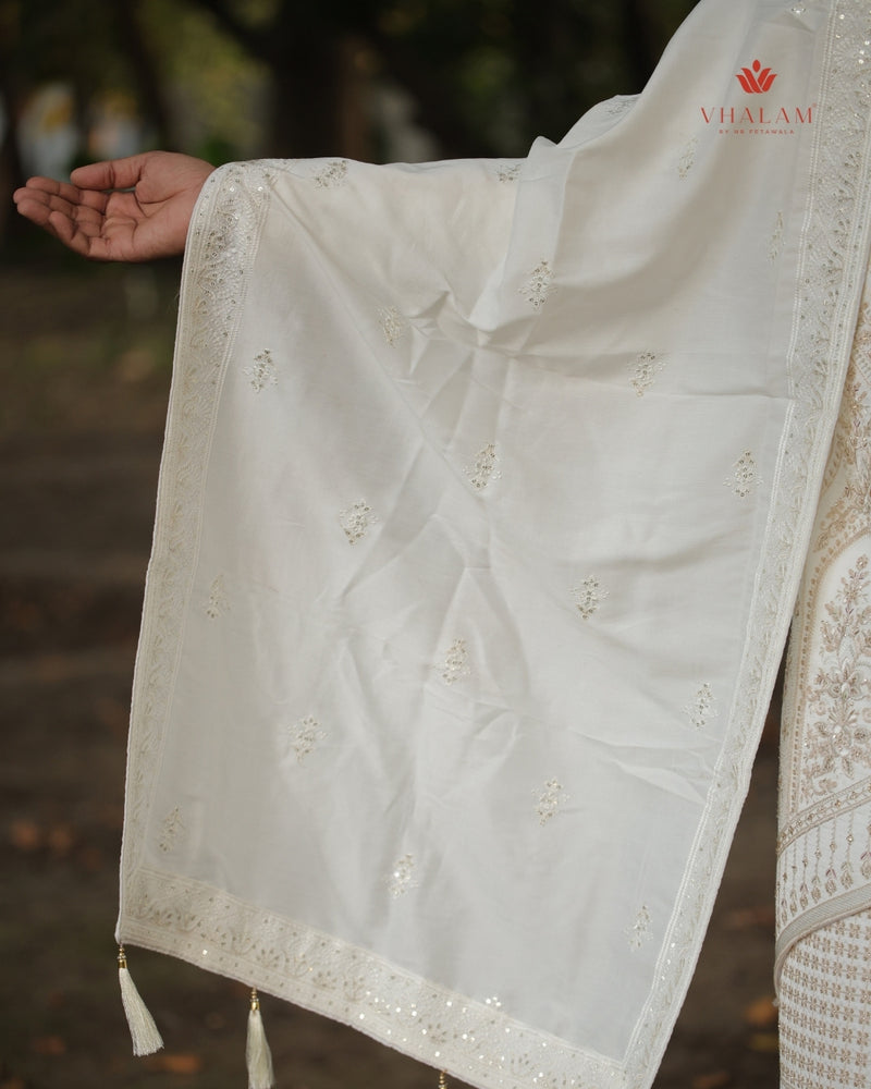 Ivory Groom Shawl with Subtle Embroidery and Tassel Detailing