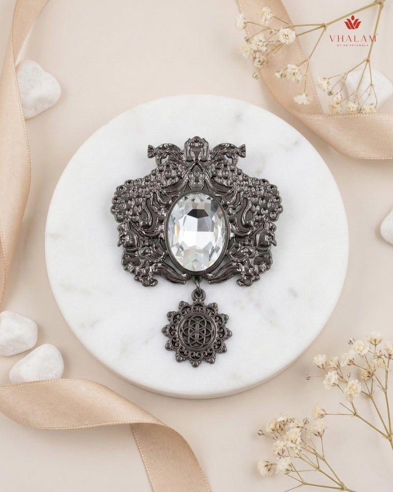 Onyx Swallow Gunmetal Shield Brooch