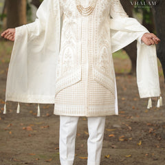 Ivory Groom Shawl with Subtle Embroidery and Tassel Detailing