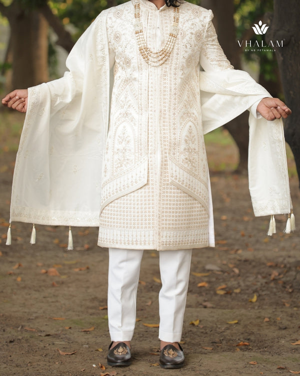 Ivory Groom Shawl with Subtle Embroidery and Tassel Detailing