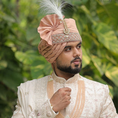 Blush Peach Groom Turban with Kundan Brooch