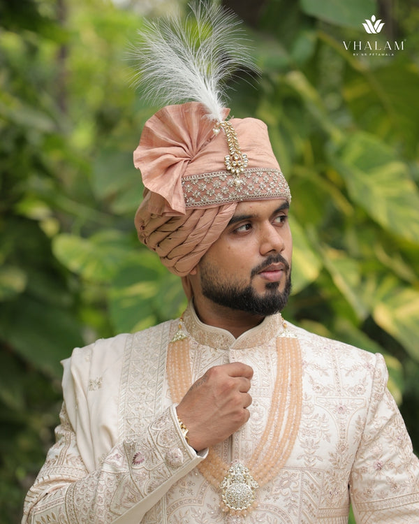 Blush Peach Groom Turban with Kundan Brooch