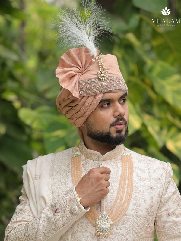 Blush Peach Groom Turban with Kundan Brooch