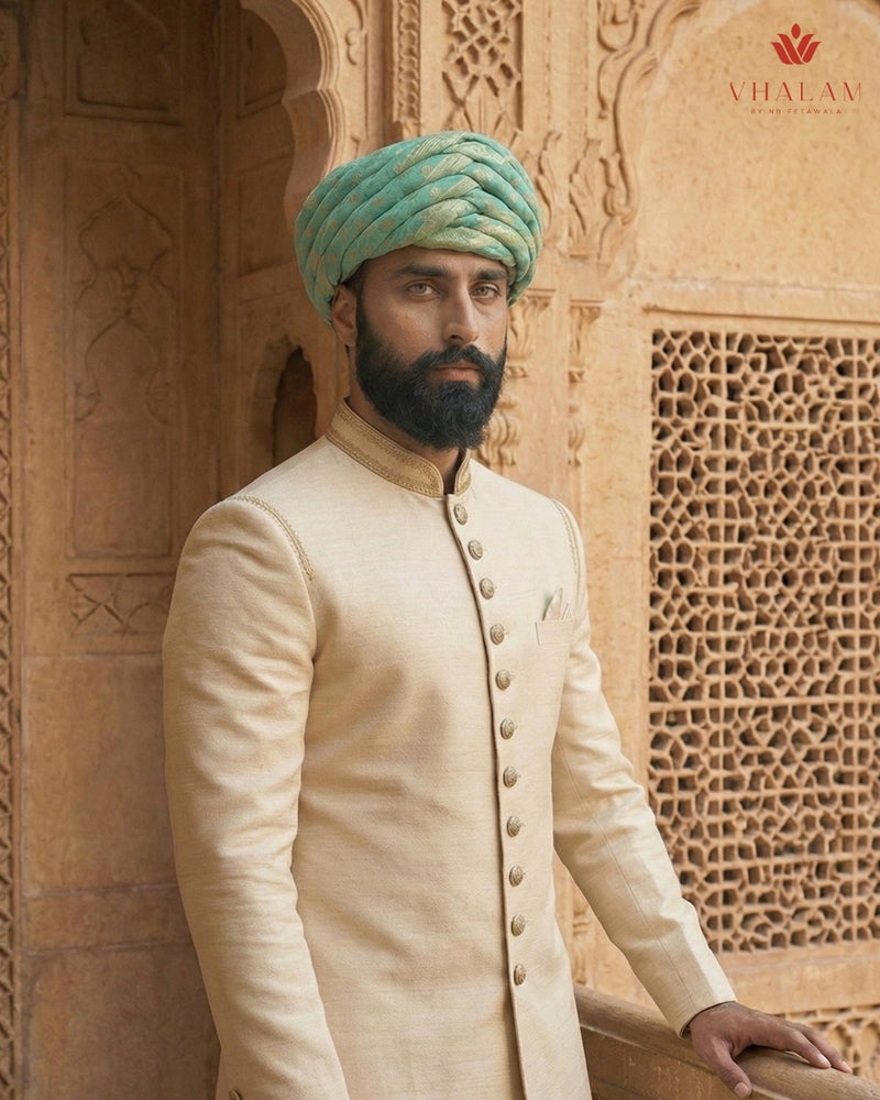 Pastel Mint Green & Gold Dotted Rajasthani Pagdi
