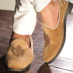 Camel Velvet Loafer with Exquisite Hand Embroidery