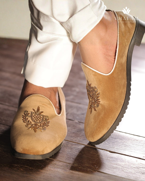 Camel Velvet Loafer with Exquisite Hand Embroidery
