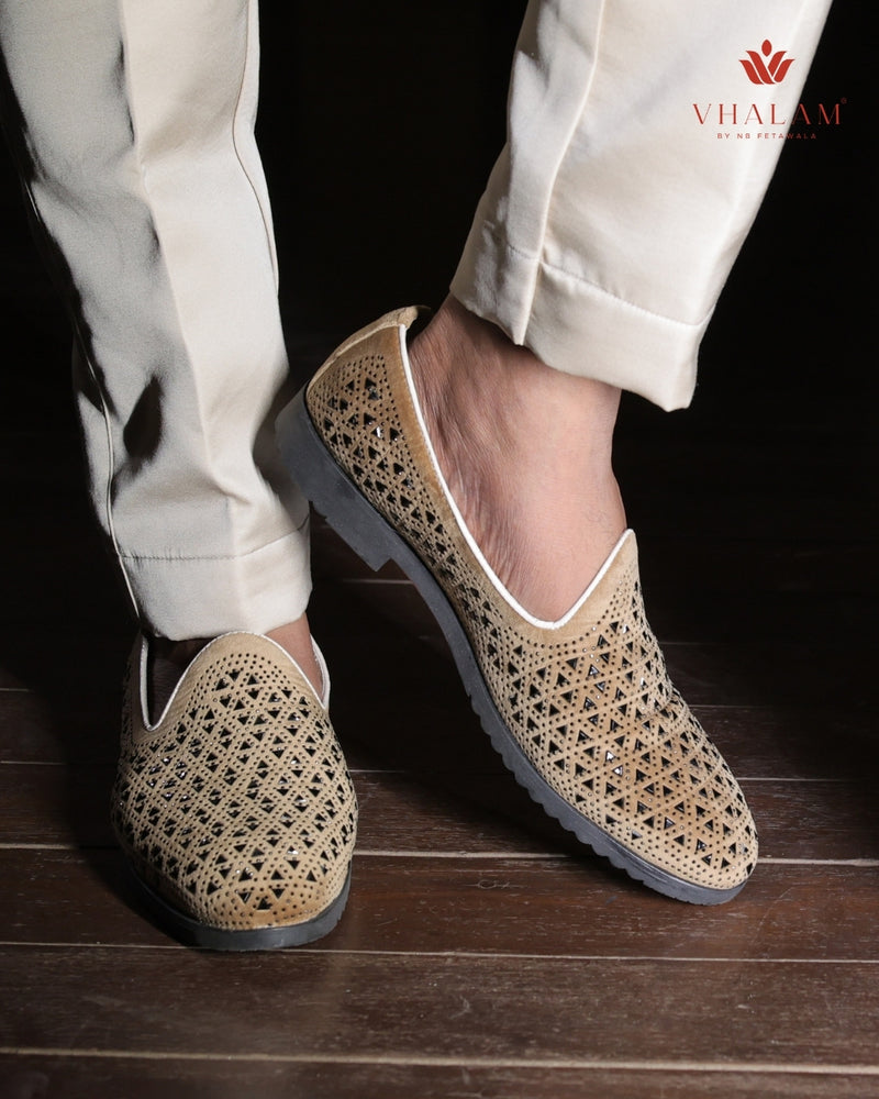 Beige Suede Laser-Cut Loafer with Modern Detailing