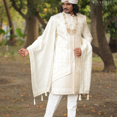 Ivory Groom Shawl with Subtle Embroidery and Tassel Detailing