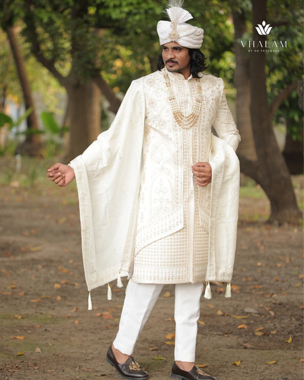 Ivory Groom Shawl with Subtle Embroidery and Tassel Detailing
