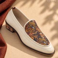 Handcrafted Maharaja Printed Cream Wedding Loafers