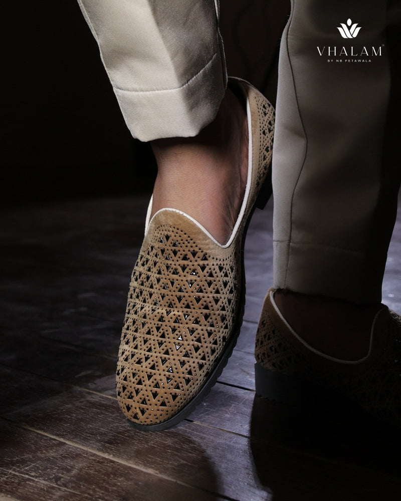 Beige Suede Laser-Cut Loafer with Modern Detailing