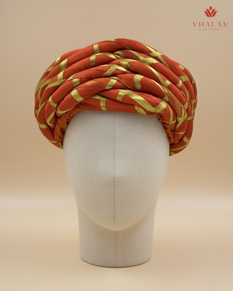 Traditional Kesari Rope-Style Pagdi with Gold Criss-Cross