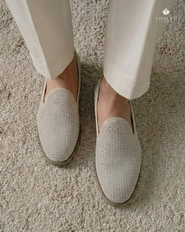 Heron Stone-Encrusted Mist Suede Loafers