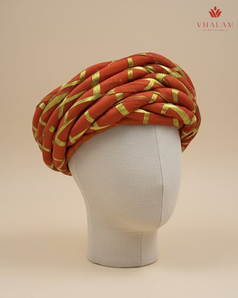 Traditional Kesari Rope-Style Pagdi with Gold Criss-Cross