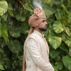 Blush Peach Groom Turban with Kundan Brooch