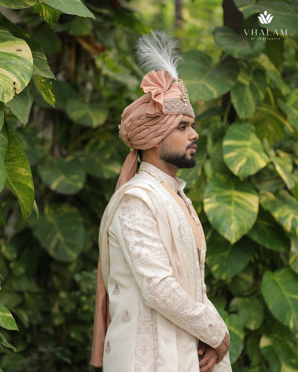 Blush Peach Groom Turban with Kundan Brooch
