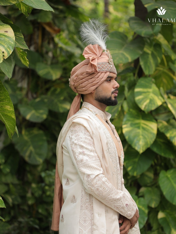 Blush Peach Groom Turban with Kundan Brooch