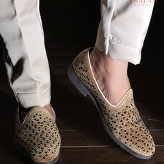 Beige Suede Laser-Cut Loafer with Modern Detailing