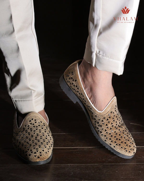 Beige Suede Laser-Cut Loafer with Modern Detailing