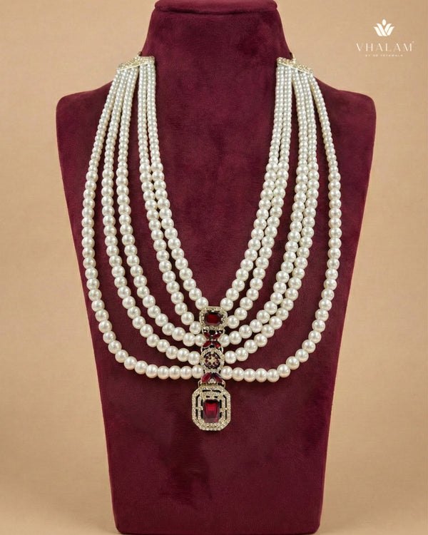Imperial Ruby Five-Tiered Draped Pearl Mala