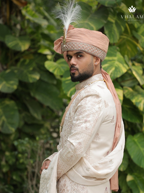 Blush Peach Groom Turban with Kundan Brooch