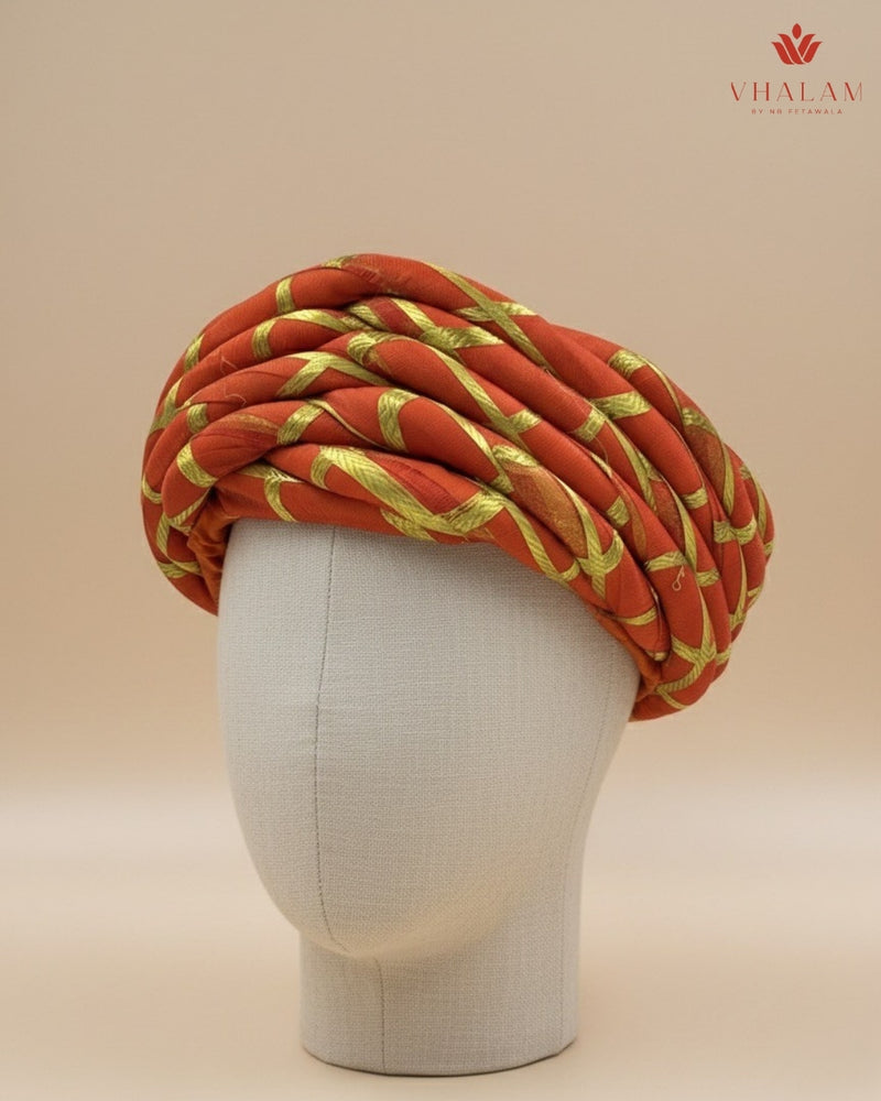 Traditional Kesari Rope-Style Pagdi with Gold Criss-Cross