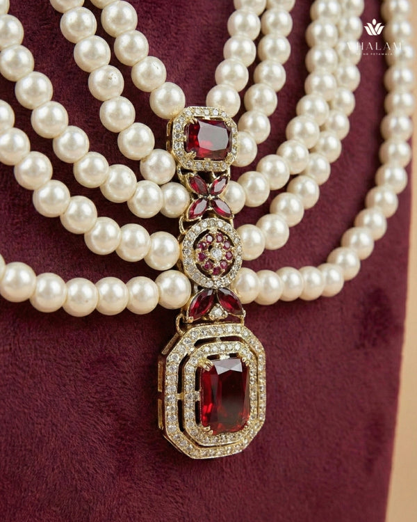 Imperial Ruby Five-Tiered Draped Pearl Mala