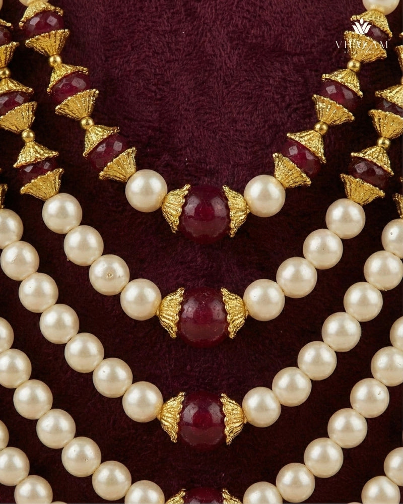Dulha Royal Maroon & Pearl Layered Mala