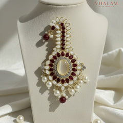 Emerald Maroon and White Kundan Pearl Brooch