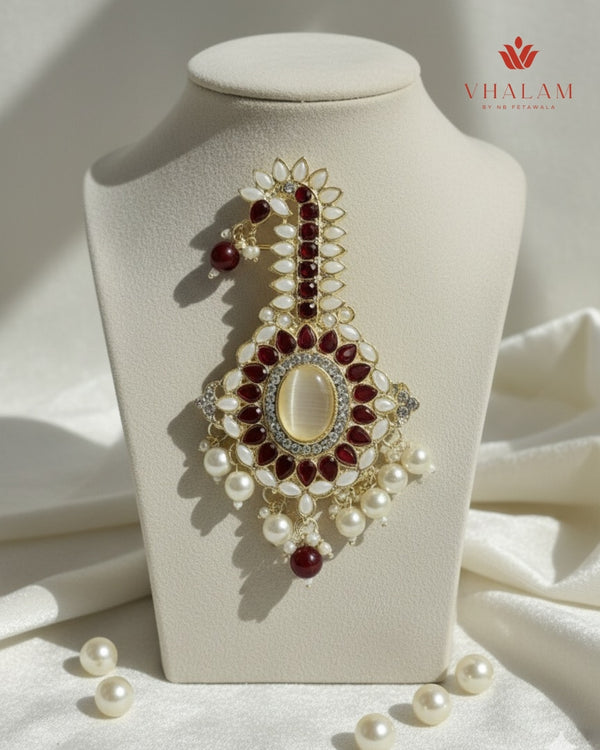 Emerald Maroon and White Kundan Pearl Brooch