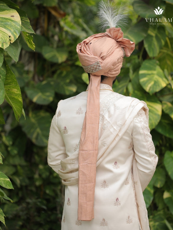 Blush Peach Groom Turban with Kundan Brooch