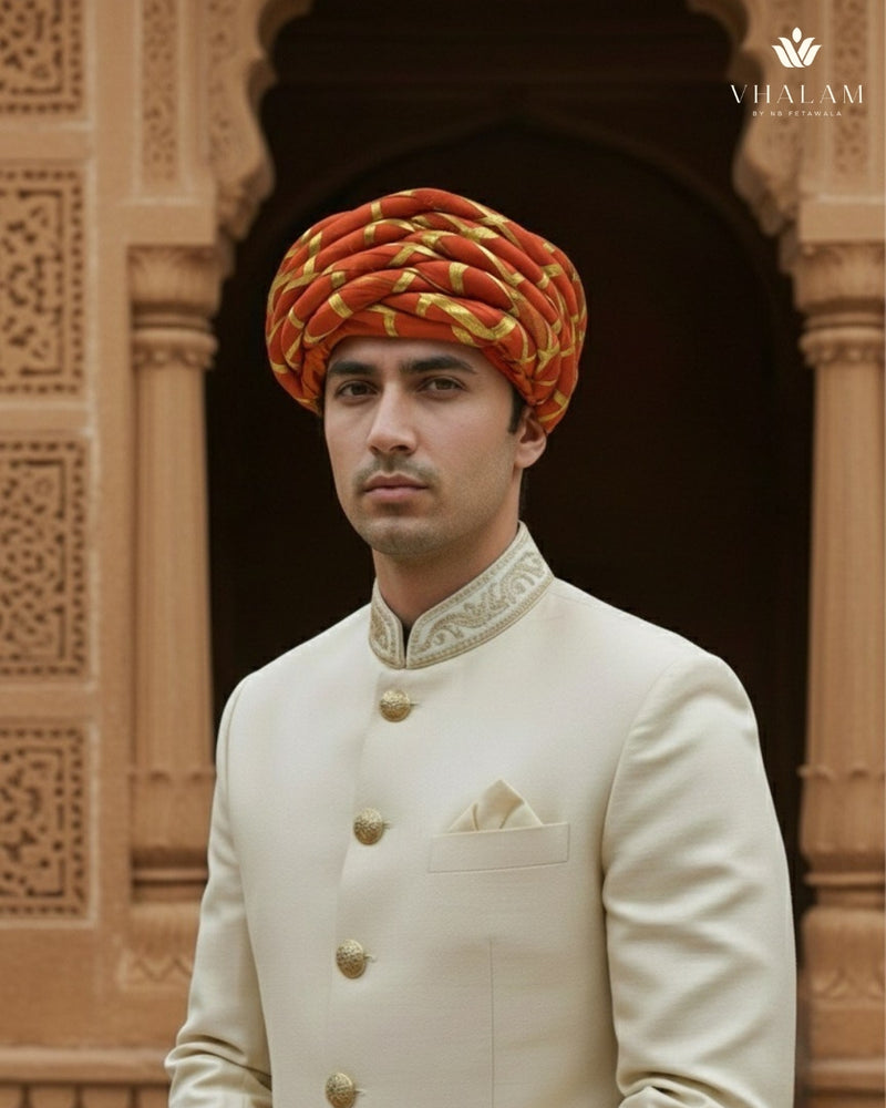 Traditional Kesari Rope-Style Pagdi with Gold Criss-Cross