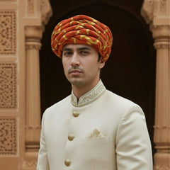 Traditional Kesari Rope-Style Pagdi with Gold Criss-Cross