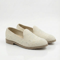 Ivory Egret Suede Loafer – Hand-Beaded Tonal Ivory Wedding Jutti