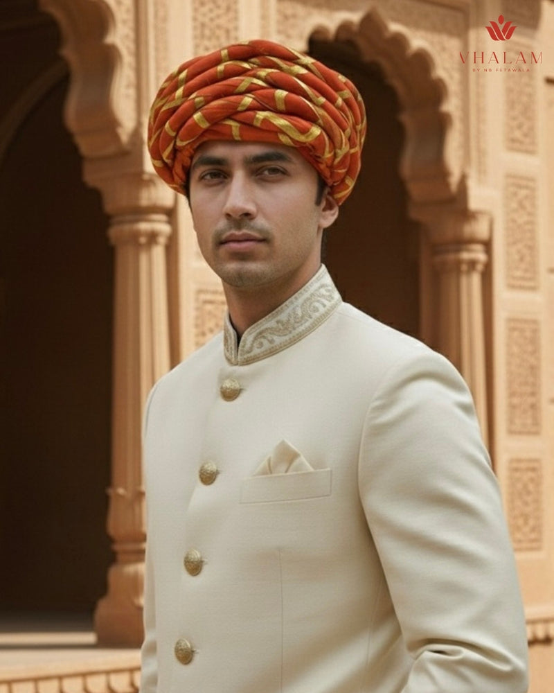 Traditional Kesari Rope-Style Pagdi with Gold Criss-Cross